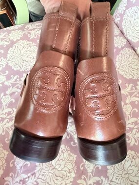 Tory Burch Chestnut Brown Leather Logo Ankle Boots